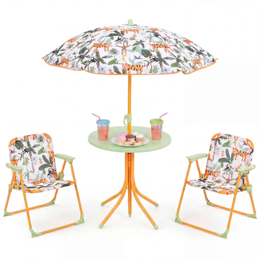 Kids Outdoor Table and Chair Set with 2 Folding Chairs and Height Adjustable Umbrella-Yellow - Yellow - Kids Table &
