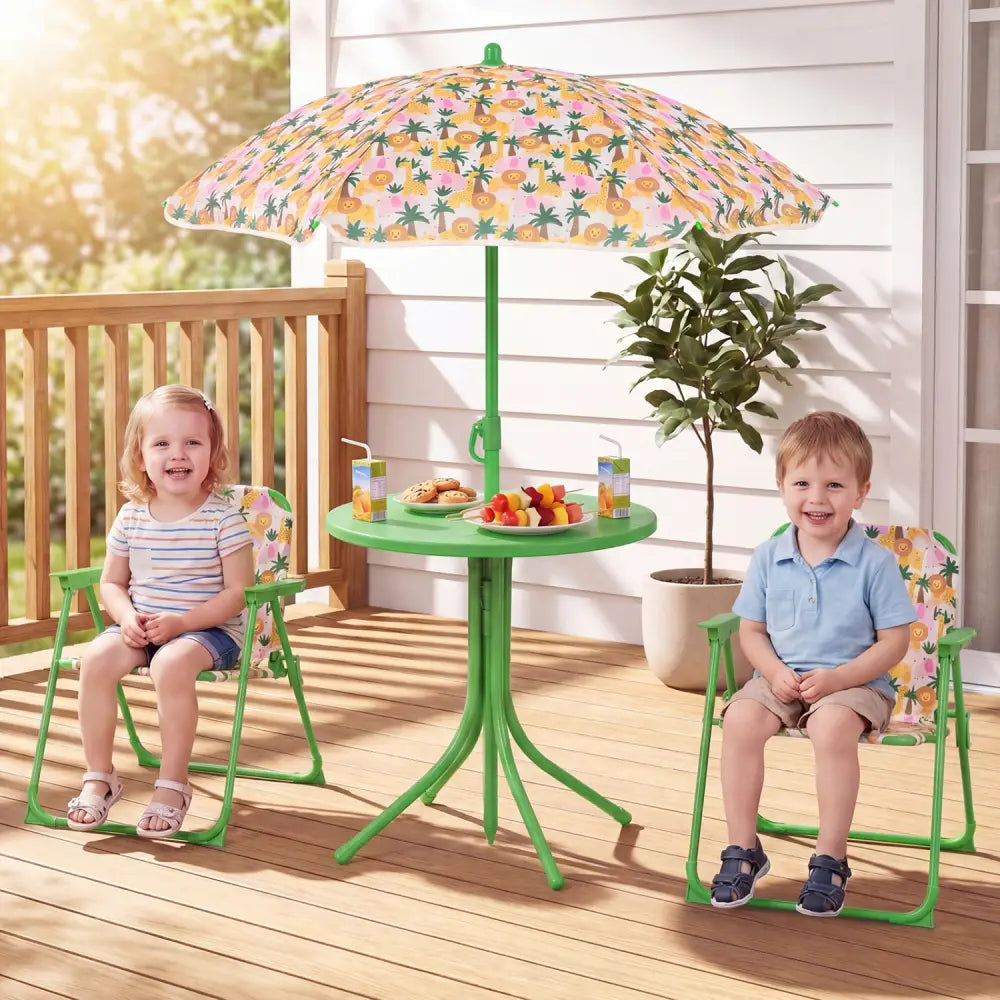 Kids Outdoor Table and Chair Set with 2 Folding Chairs and Height Adjustable Umbrella-Beige - Beige - Kids Table &