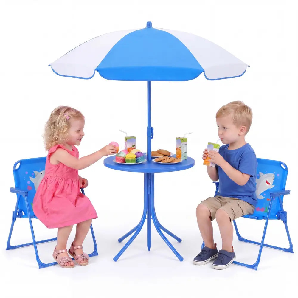 Kids Outdoor Table and Chair Set with 2 Folding Chairs and Height Adjustable Umbrella-Navy - Navy - Kids Table & Chair