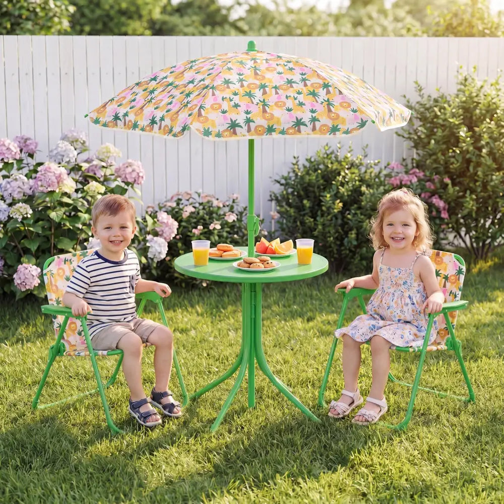 Kids Outdoor Table and Chair Set with 2 Folding Chairs and Height Adjustable Umbrella-Beige - Beige - Kids Table &