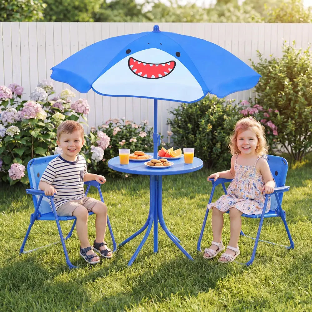 Kids Outdoor Table and Chair Set with 2 Folding Chairs and Height Adjustable Umbrella-Blue - Blue - Kids Table & Chair
