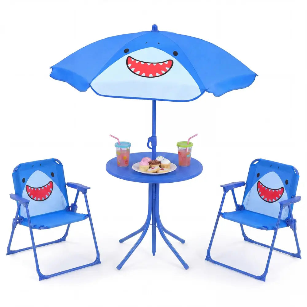 Kids Outdoor Table and Chair Set with 2 Folding Chairs and Height Adjustable Umbrella-Blue - Blue - Kids Table & Chair