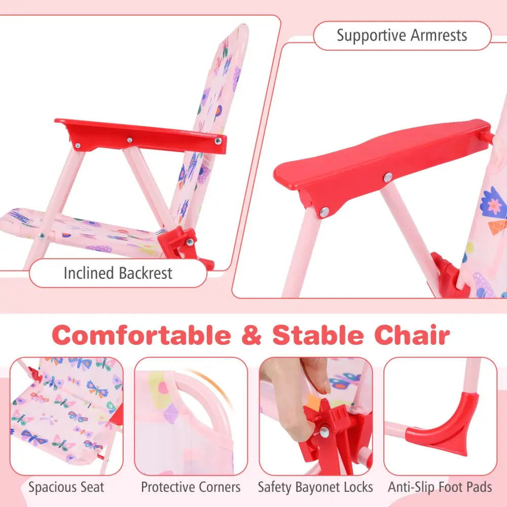 Kids Outdoor Table and Chair Set with 2 Folding Chairs and Height Adjustable Umbrella-Pink and White - White & Pink