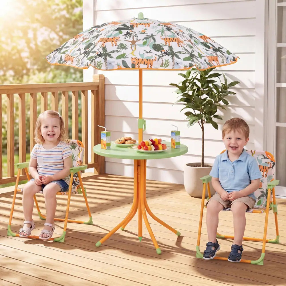 Kids Outdoor Table and Chair Set with 2 Folding Chairs and Height Adjustable Umbrella-Yellow - Yellow - Kids Table &