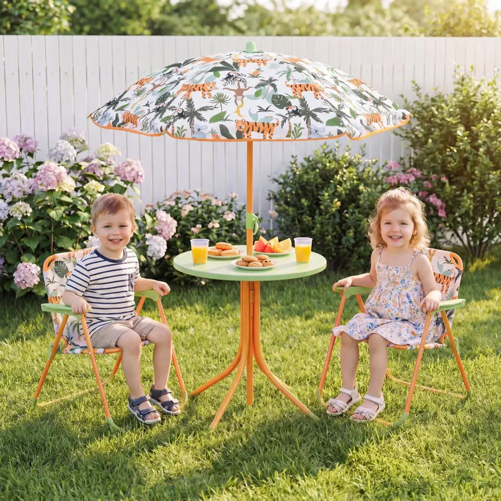 Kids Outdoor Table and Chair Set with 2 Folding Chairs and Height Adjustable Umbrella-Yellow - Yellow - Kids Table &