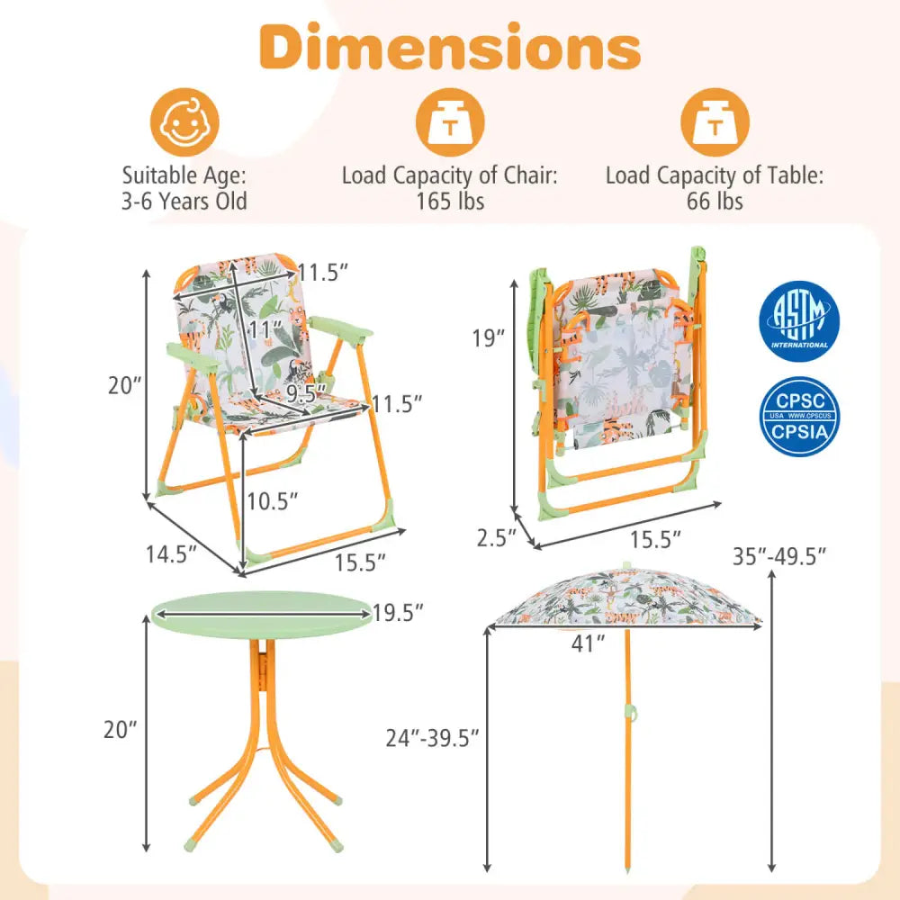 Kids Outdoor Table and Chair Set with 2 Folding Chairs and Height Adjustable Umbrella-Yellow - Yellow - Kids Table &