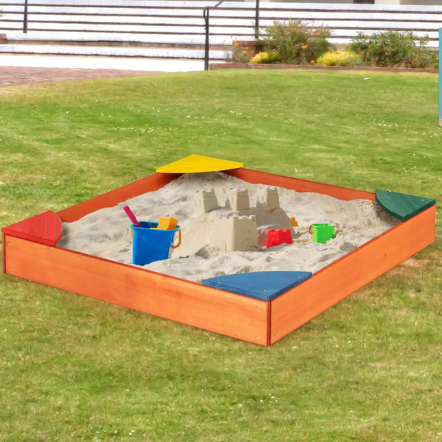 Kids Outdoor Wooden Backyard Sandbox with Built-in Corner Seating - Multicolor - Sandboxes