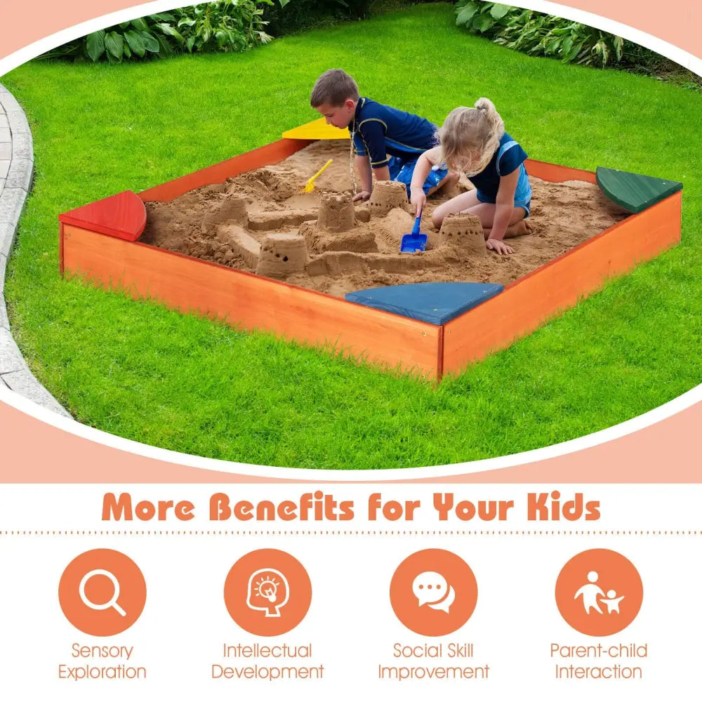 Kids Outdoor Wooden Backyard Sandbox with Built-in Corner Seating - Multicolor - Sandboxes