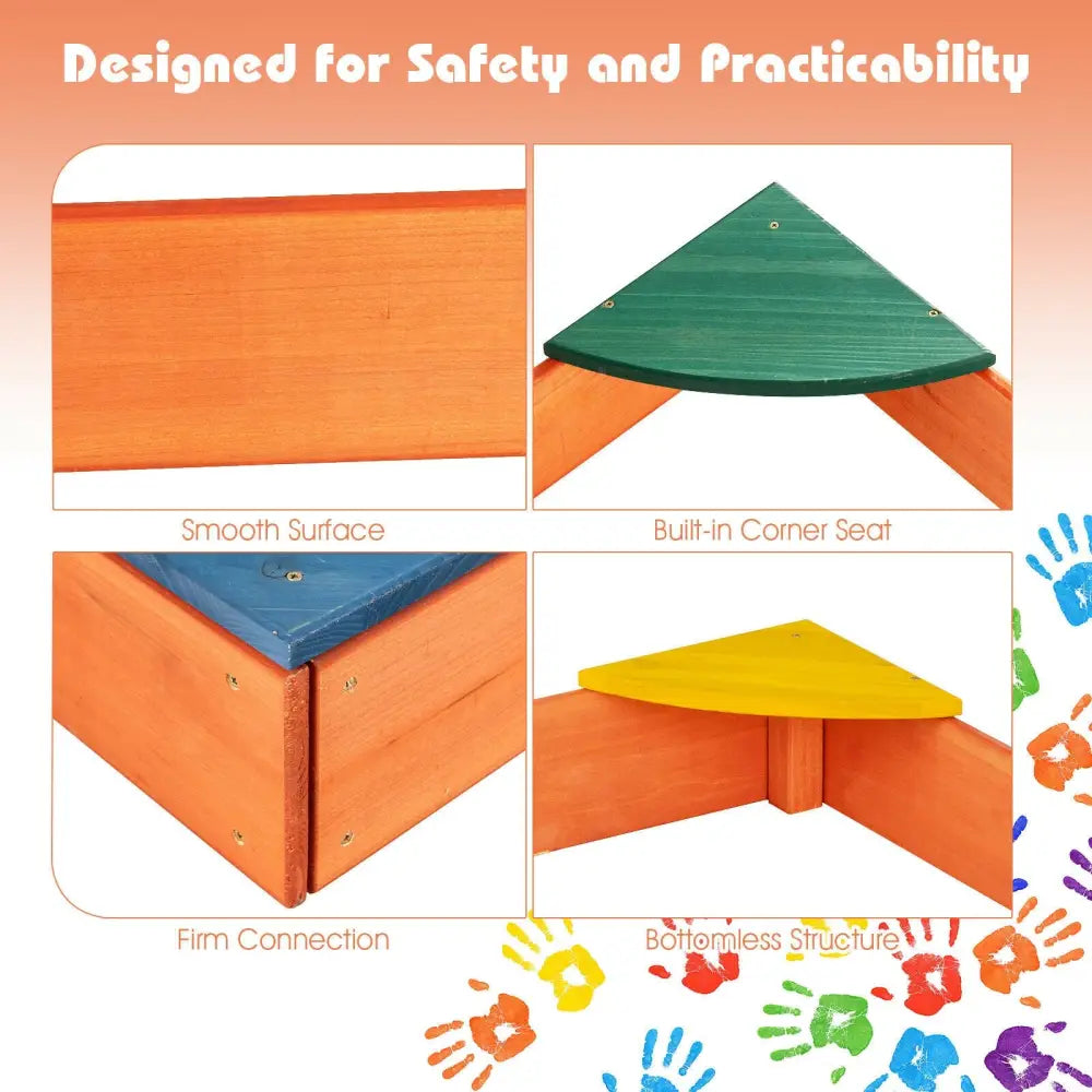 Kids Outdoor Wooden Backyard Sandbox with Built-in Corner Seating - Multicolor - Sandboxes