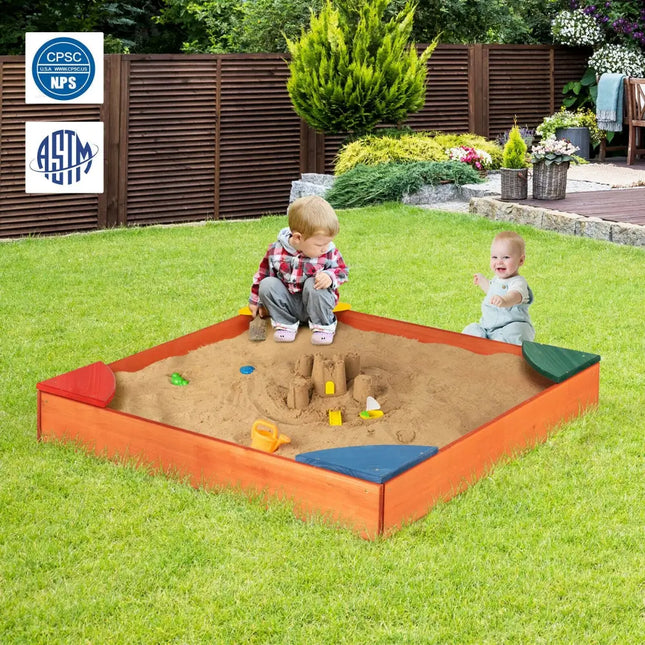 Kids Outdoor Wooden Backyard Sandbox with Built-in Corner Seating - Multicolor - Sandboxes