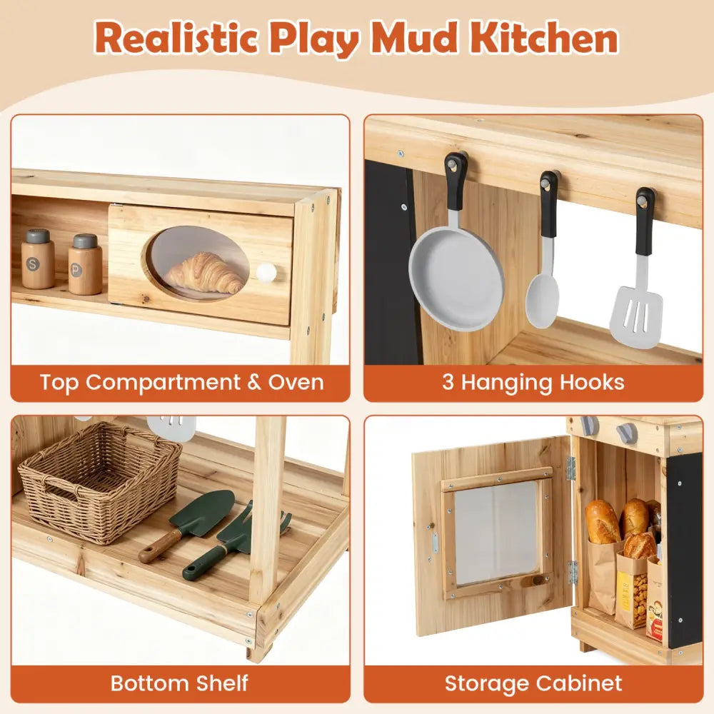 Kids Outdoor Wooden Mud Kitchen with Stoves and Chalkboard-Natural - Natural - Play Kitchen Sets