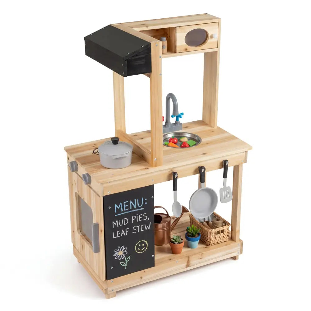 Kids Outdoor Wooden Mud Kitchen with Stoves and Chalkboard-Natural - Natural - Play Kitchen Sets