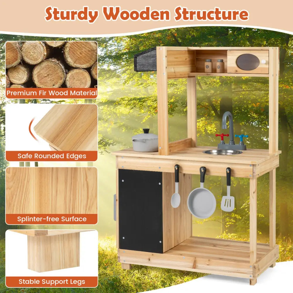 Kids Outdoor Wooden Mud Kitchen with Stoves and Chalkboard-Natural - Natural - Play Kitchen Sets