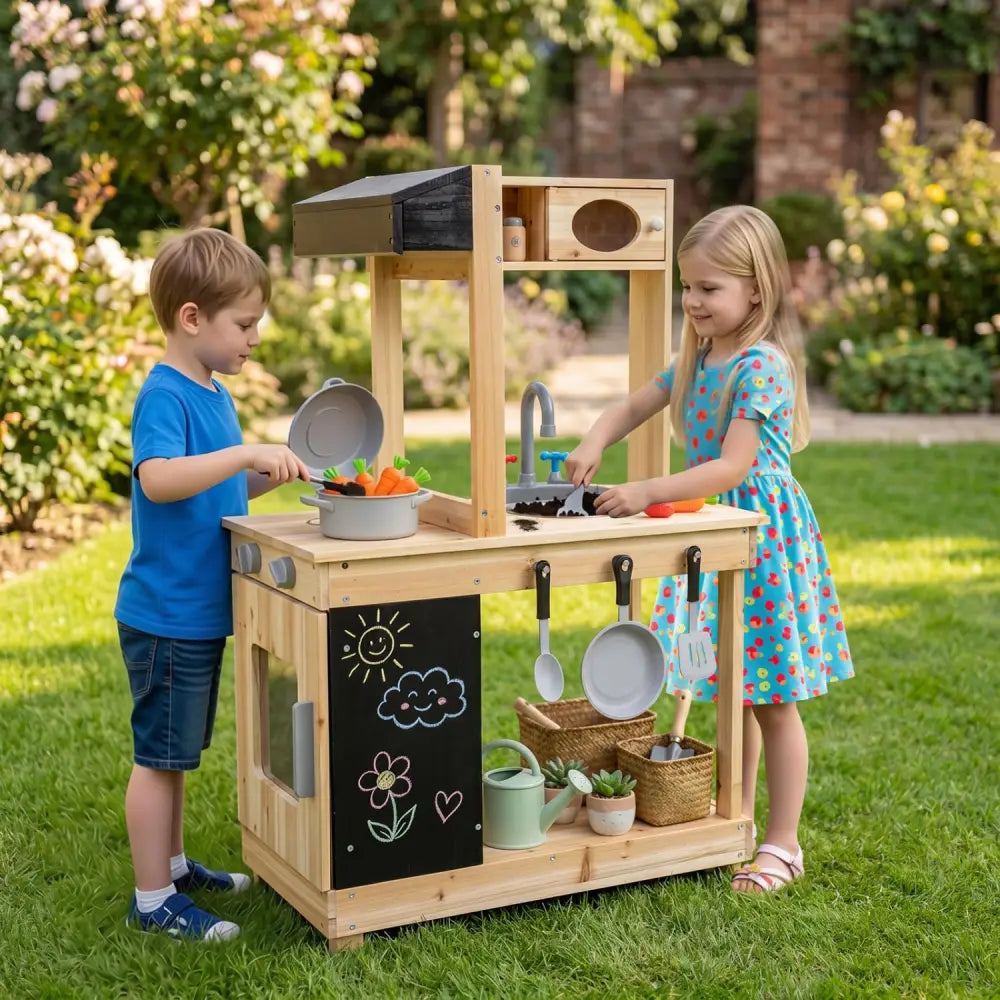 Kids Outdoor Wooden Mud Kitchen with Stoves and Chalkboard-Natural - Natural - Play Kitchen Sets