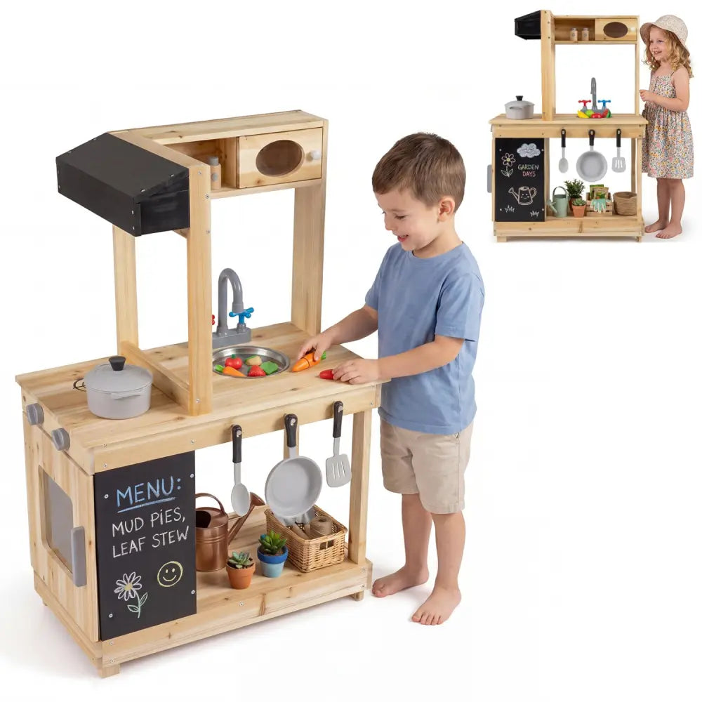 Kids Outdoor Wooden Mud Kitchen with Stoves and Chalkboard-Natural - Natural - Play Kitchen Sets