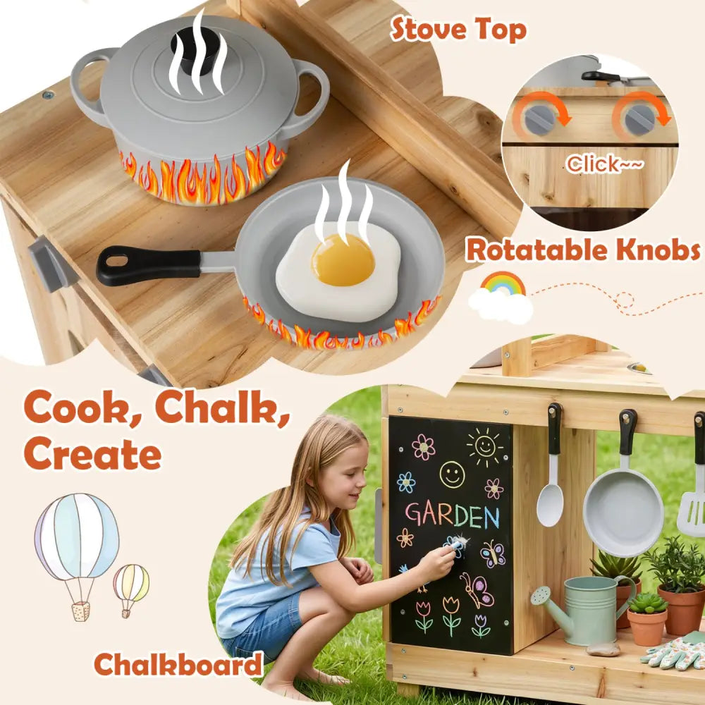 Kids Outdoor Wooden Mud Kitchen with Stoves and Chalkboard-Natural - Natural - Play Kitchen Sets
