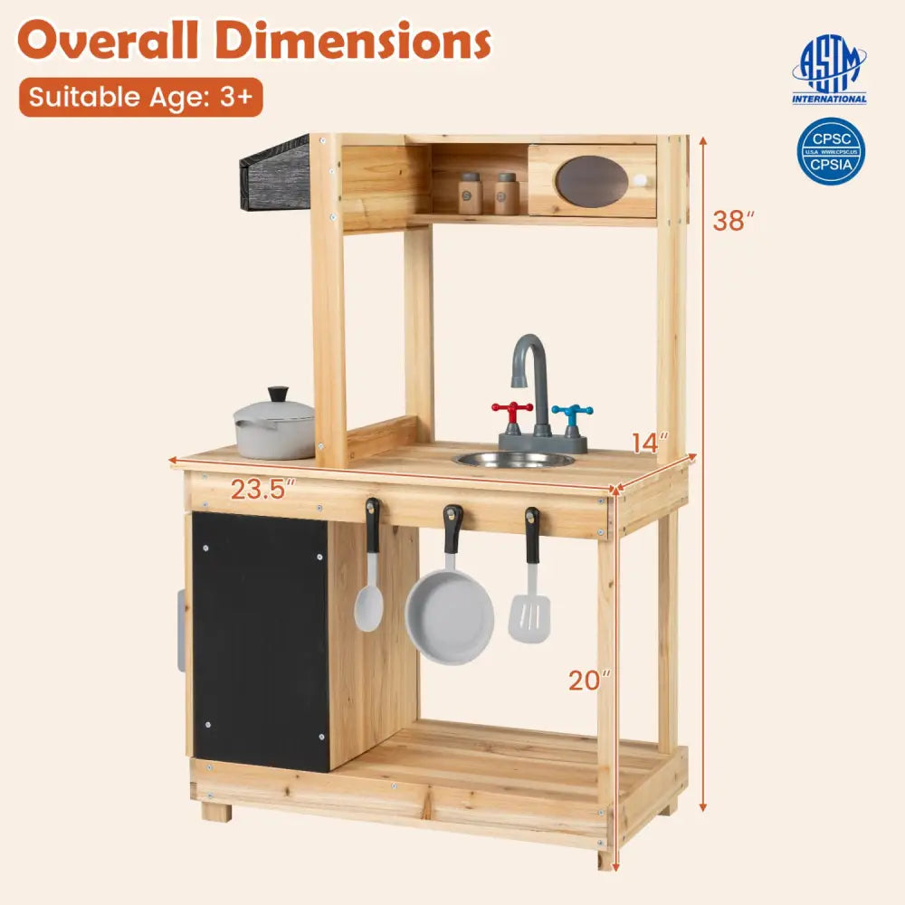 Kids Outdoor Wooden Mud Kitchen with Stoves and Chalkboard-Natural - Natural - Play Kitchen Sets