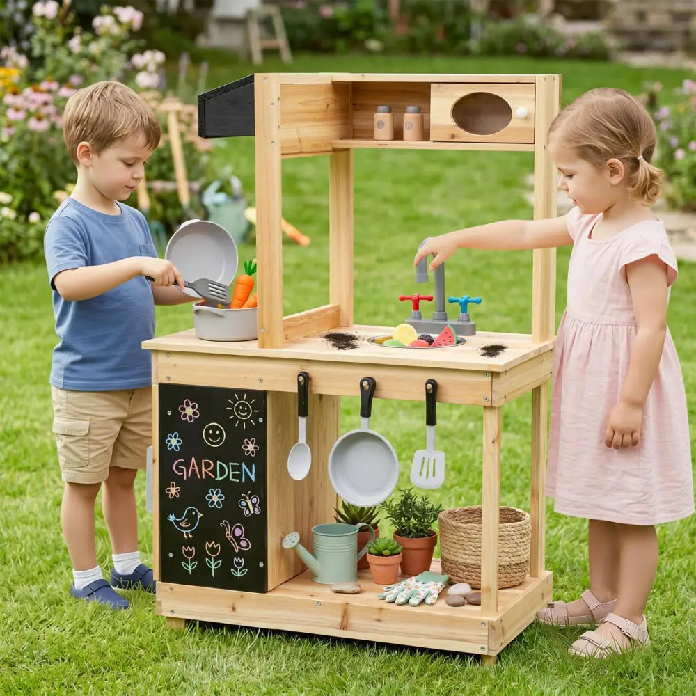 Kids Outdoor Wooden Mud Kitchen with Stoves and Chalkboard-Natural - Natural - Play Kitchen Sets