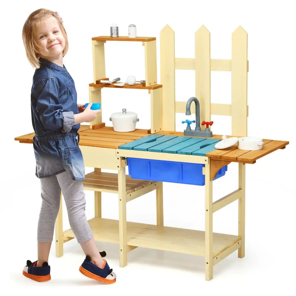 Kid’s Outdoor Wooden Pretend Cook Kitchen Playset Toy - Natural - Play Kitchen Sets