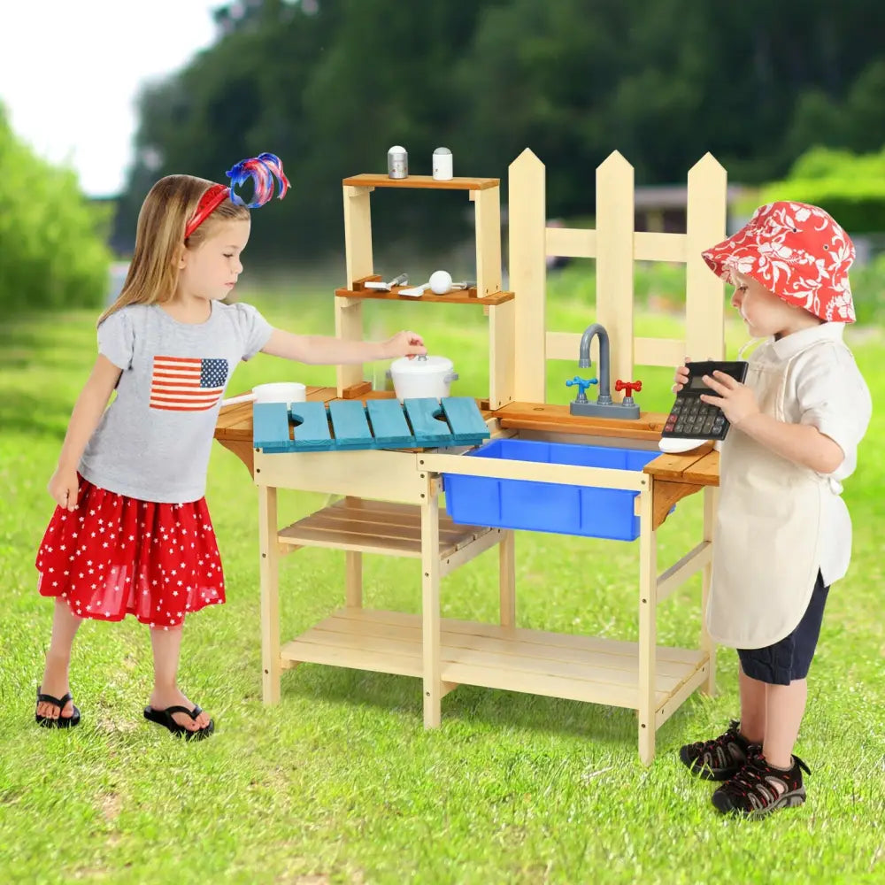 Kid’s Outdoor Wooden Pretend Cook Kitchen Playset Toy - Natural - Play Kitchen Sets