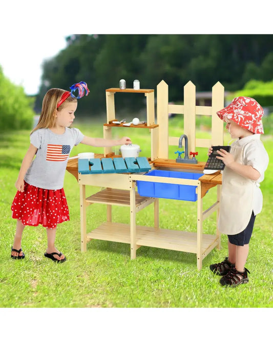 Kid’s Outdoor Wooden Pretend Cook Kitchen Playset Toy - Natural - Play Kitchen Sets
