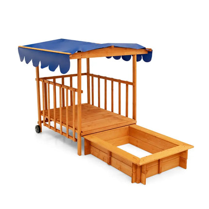 Kids Outdoor Wooden Retractable Sandbox with Cover and Built-in Wheels-Natural - Natural - Outdoor Play