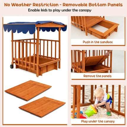 Kids Outdoor Wooden Retractable Sandbox with Cover and Built-in Wheels-Natural - Natural - Outdoor Play