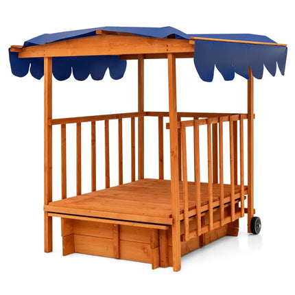 Kids Outdoor Wooden Retractable Sandbox with Cover and Built-in Wheels-Natural - Natural - Outdoor Play