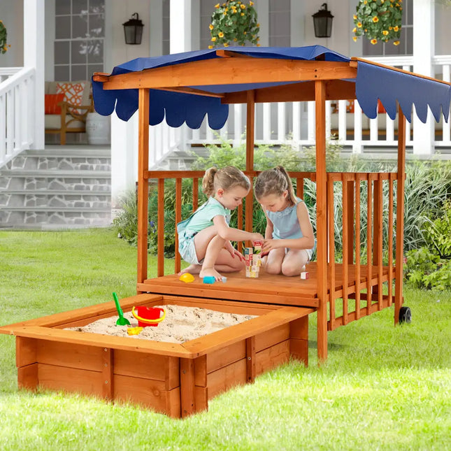 Kids Outdoor Wooden Retractable Sandbox with Cover and Built-in Wheels-Natural - Natural - Outdoor Play