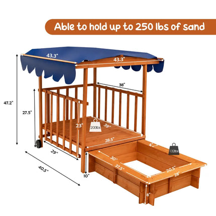 Kids Outdoor Wooden Retractable Sandbox with Cover and Built-in Wheels-Natural - Natural - Outdoor Play
