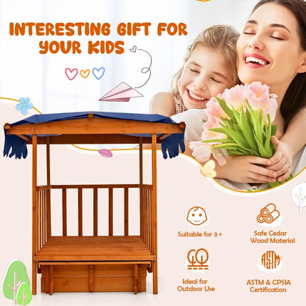 Kids Outdoor Wooden Retractable Sandbox with Cover and Built-in Wheels-Natural - Natural - Outdoor Play
