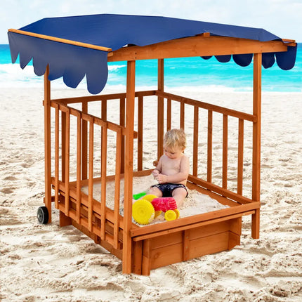 Kids Outdoor Wooden Retractable Sandbox with Cover and Built-in Wheels-Natural - Natural - Outdoor Play