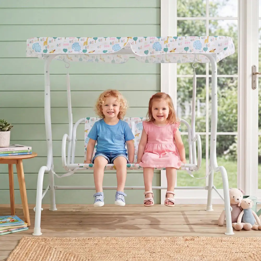 Kids Patio Swing 2-Seater Outdoor Porch Swing Lounge Chair with Adjustable Canopy-White - White - Swing & Playsets