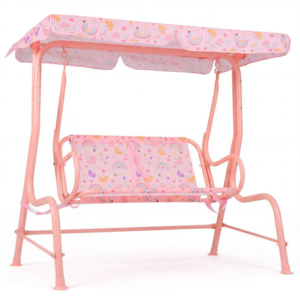 Kids Patio Swing 2-Seater Outdoor Porch Swing Lounge Chair with Adjustable Canopy-Pink - Pink - Swing & Playsets