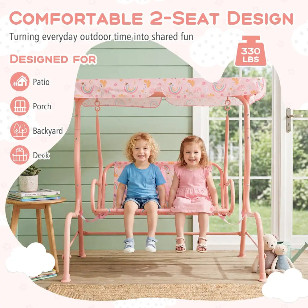 Kids Patio Swing 2-Seater Outdoor Porch Swing Lounge Chair with Adjustable Canopy-Pink - Pink - Swing & Playsets