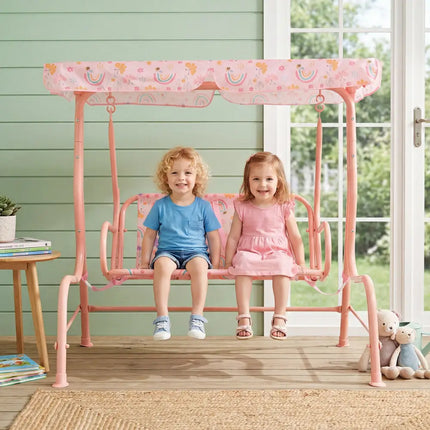 Kids Patio Swing 2-Seater Outdoor Porch Swing Lounge Chair with Adjustable Canopy-Pink - Pink - Swing & Playsets