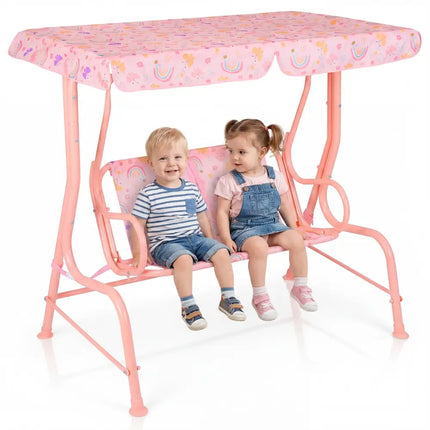 Kids Patio Swing 2-Seater Outdoor Porch Swing Lounge Chair with Adjustable Canopy-Pink - Pink - Swing & Playsets