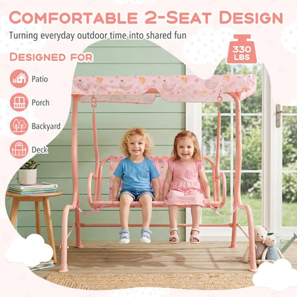 Kids Patio Swing 2-Seater Outdoor Porch Swing Lounge Chair with Adjustable Canopy-Pink - Pink - Swing & Playsets