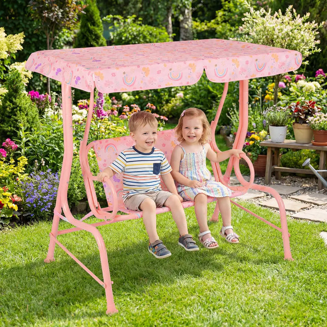 Kids Patio Swing 2-Seater Outdoor Porch Swing Lounge Chair with Adjustable Canopy-Pink - Pink - Swing & Playsets