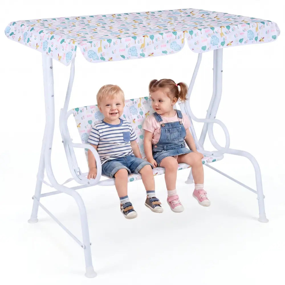 Kids Patio Swing 2-Seater Outdoor Porch Swing Lounge Chair with Adjustable Canopy-White - White - Swing & Playsets