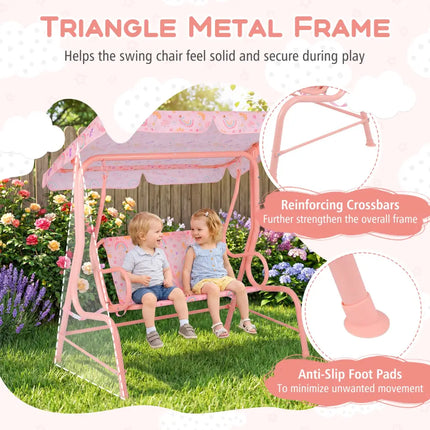Kids Patio Swing 2-Seater Outdoor Porch Swing Lounge Chair with Adjustable Canopy-Pink - Pink - Swing & Playsets