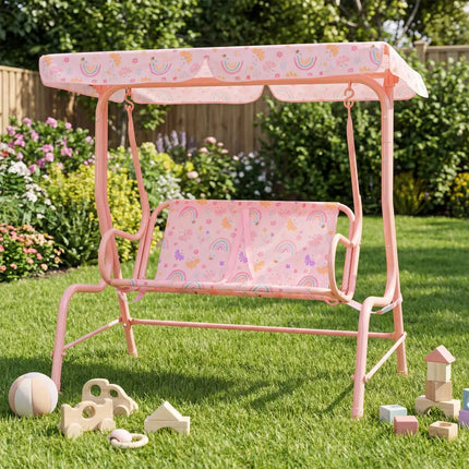 Kids Patio Swing 2-Seater Outdoor Porch Swing Lounge Chair with Adjustable Canopy-Pink - Pink - Swing & Playsets