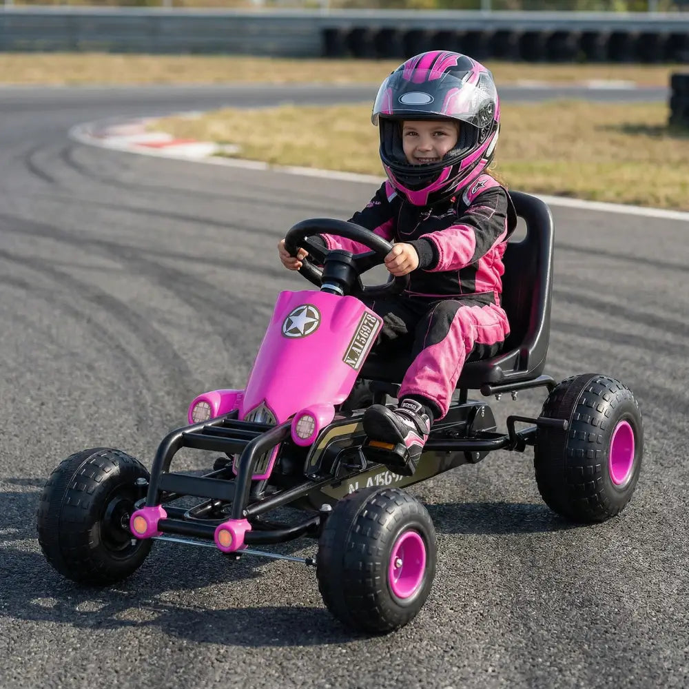Kids Pedal Go Kart with Steering Wheel and Gear Shifter and Handbrake-Pink - Pink - Push & Pedal Ride On Toys