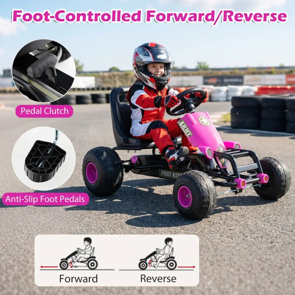 Kids Pedal Go Kart with Steering Wheel and Gear Shifter and Handbrake-Pink - Pink - Push & Pedal Ride On Toys