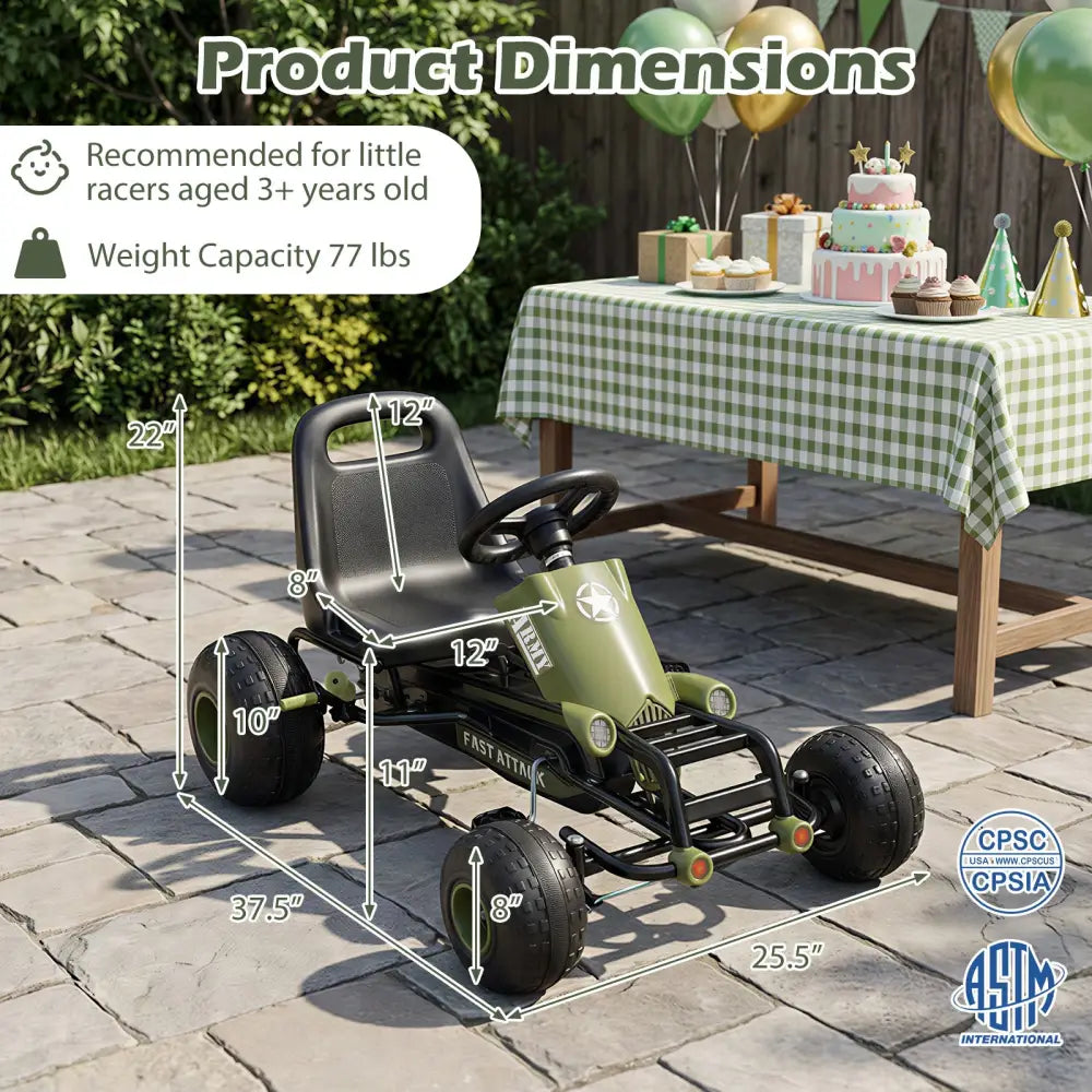 Kids Pedal Go Kart with Steering Wheel and Gear Shifter and Handbrake-Green - Green - Push & Pedal Ride On Toys