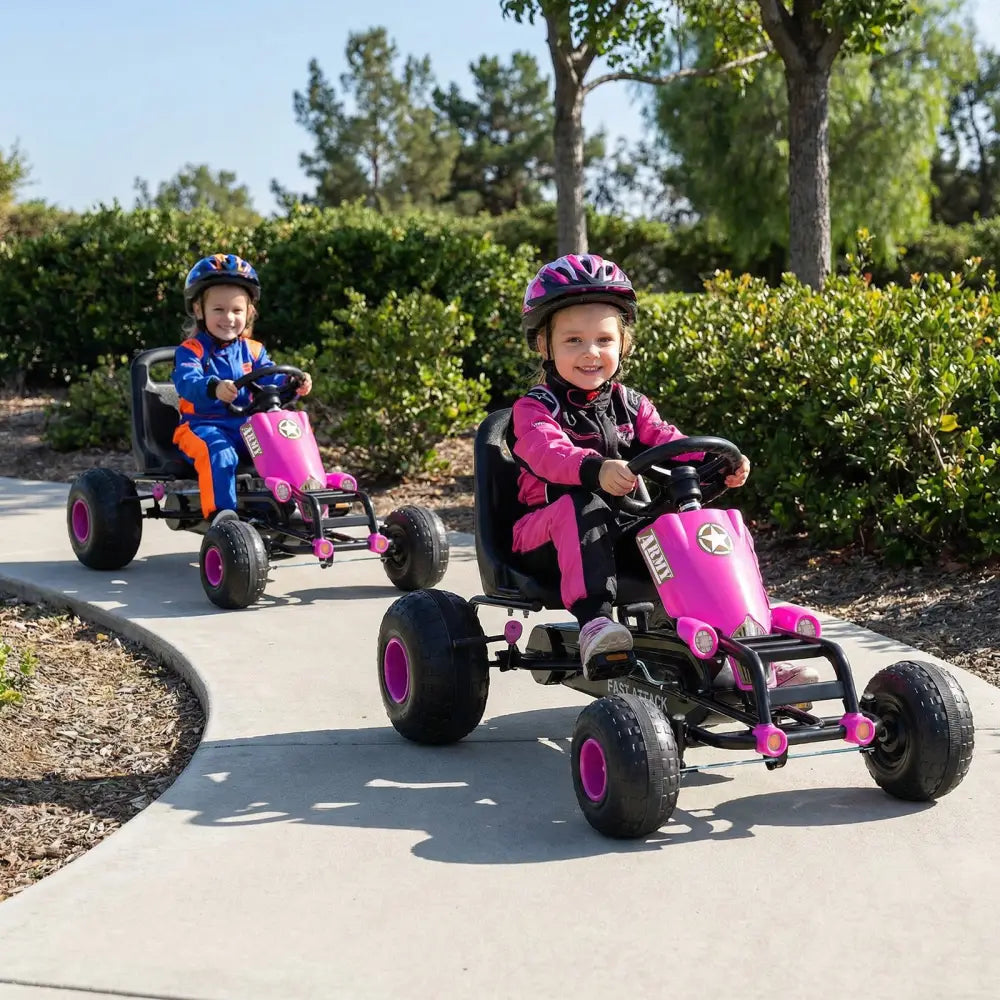 Kids Pedal Go Kart with Steering Wheel and Gear Shifter and Handbrake-Pink - Pink - Push & Pedal Ride On Toys