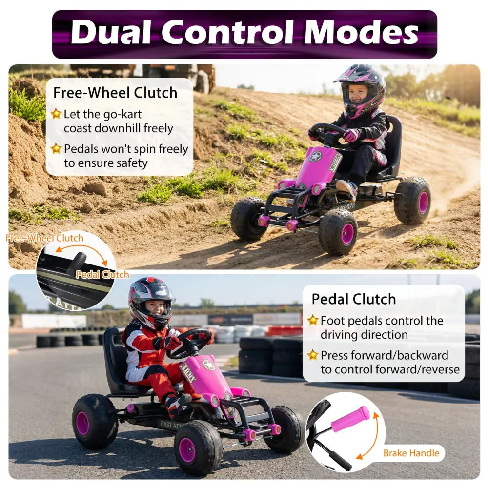 Kids Pedal Go Kart with Steering Wheel and Gear Shifter and Handbrake-Pink - Pink - Push & Pedal Ride On Toys