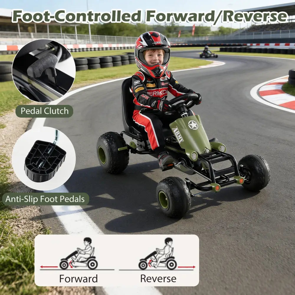 Kids Pedal Go Kart with Steering Wheel and Gear Shifter and Handbrake-Green - Green - Push & Pedal Ride On Toys