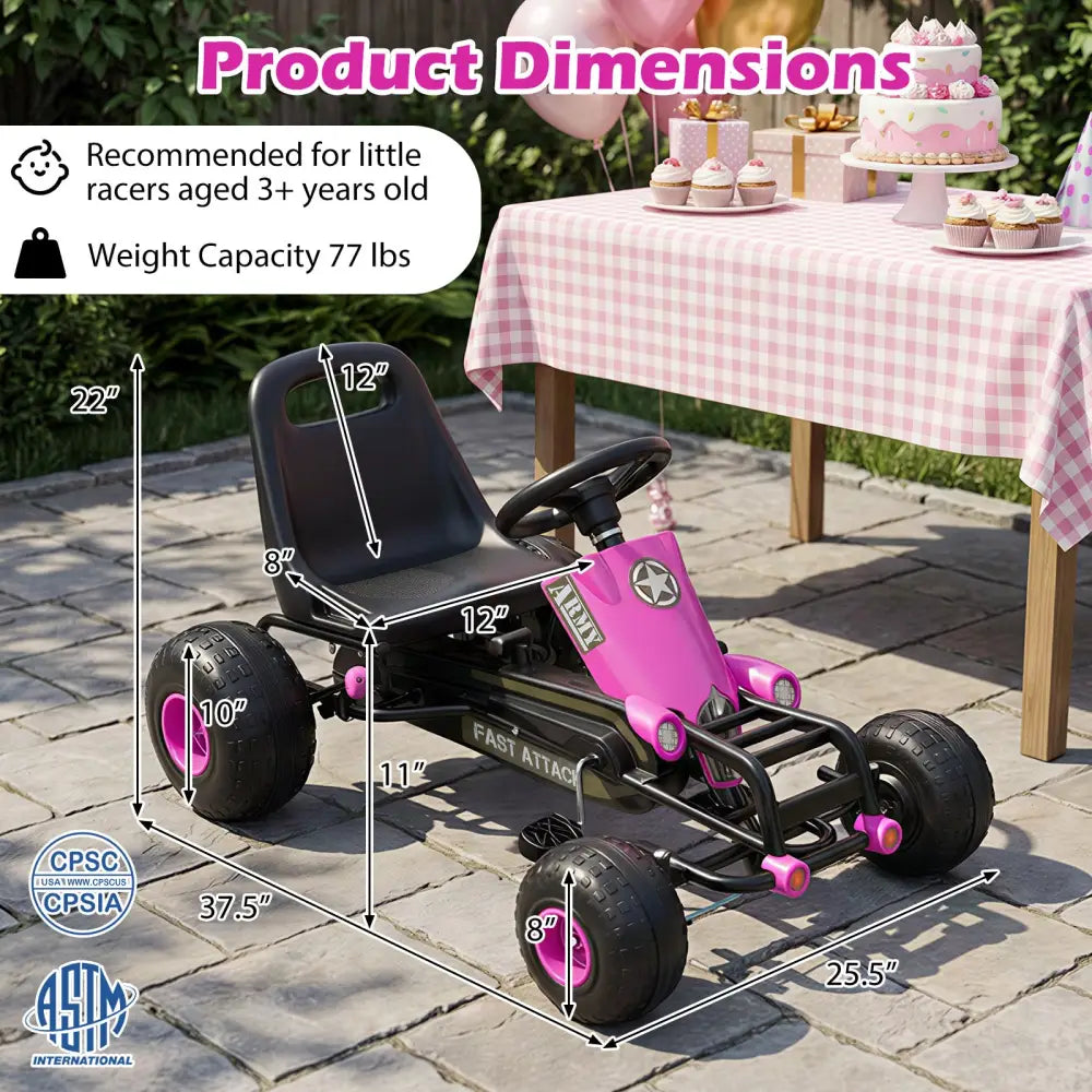 Kids Pedal Go Kart with Steering Wheel and Gear Shifter and Handbrake-Pink - Pink - Push & Pedal Ride On Toys