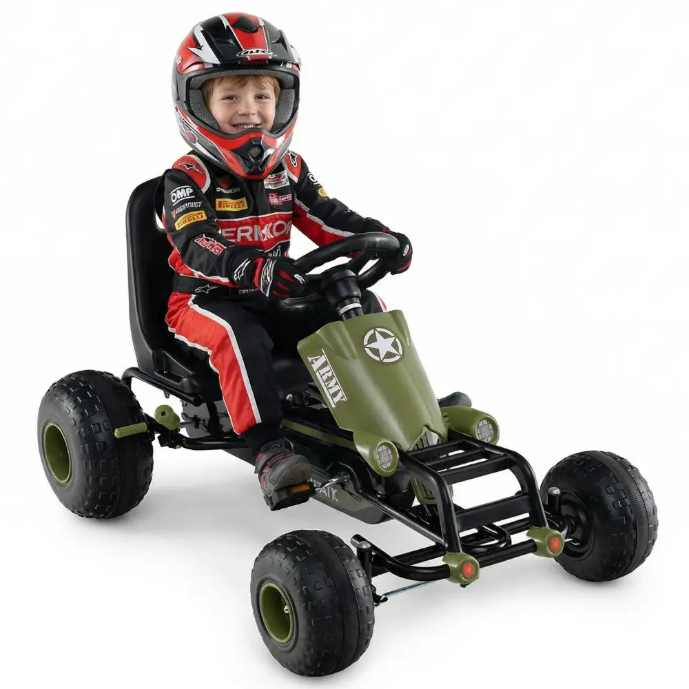 Kids Pedal Go Kart with Steering Wheel and Gear Shifter and Handbrake-Green - Green - Push & Pedal Ride On Toys